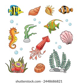 a set of sea creatures in the style of cartoon. Fish, sea horse, ocean, shells, algae and coral. Color illustration for children books and activist books