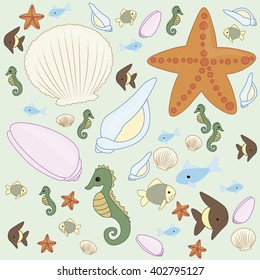 Set sea creatures. Vector. Inhabitants of the sea. Collection starfish, seahorse, shells, fish.