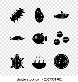 Set Sea cucumber, Mussel, Shark, Turtle, Soup with shrimps, Served fish on plate, Fish and Puffer icon. Vector