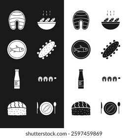 Set Sea cucumber, Served fish on plate, Fish steak, soup, Sauce bottle, Grilled,  and Sushi icon. Vector
