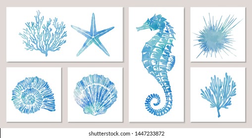 Set of sea elements in blue watercolor style: seashells, starfish, seahorse, coral. Composition of illustrations on wall in white frames