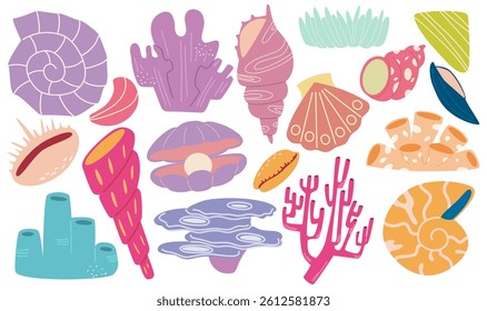 Set of sea elements, corals, seaweeds, shells isolated on white background. 