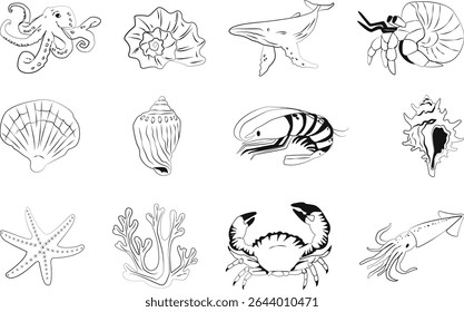 Set of sea elements in doodle style, shells, seafood
