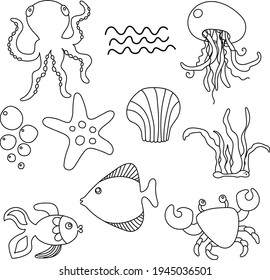 Set of sea elements including seastar, crab, waves,
octopus, fish, medusa, etc