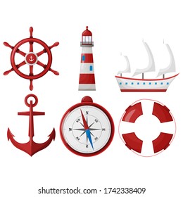 A set of sea elements of red-and-white color on a white background: lighthouse, ship, anchor, lifeline, wheel, compass. For design and icons sites.