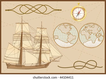 set of sea elements: tall ship, sea knots (hawser bend and figure of eight knot),  compass and sea chart