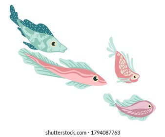 Set of sea exotic fishes flat vector illustration isolated on white background