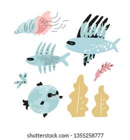 Set of sea fish in cartoon style. Collection of cute colored fish and shell.  Vector illustration for children, print, poster, card, social media