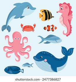 Set of sea fish, dolphin, whale, octopus and seahorse.Vector Illustration