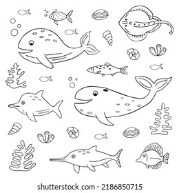 Set of sea fish in doodle style. Ocean life and the underwater world. Whale, stingray, shark, dolphin, fish, corals, algae, shells. Vector