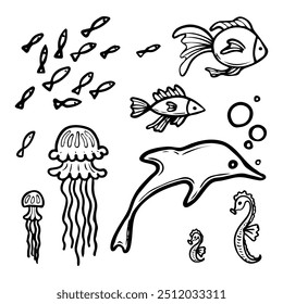 Set de peces de mar dibujado a mano doodle. Animales que viven en el océano. Delfín, medusa, caballito de mar. Buceando arrecife de coral. Vector boceto línea ilustración de arte.