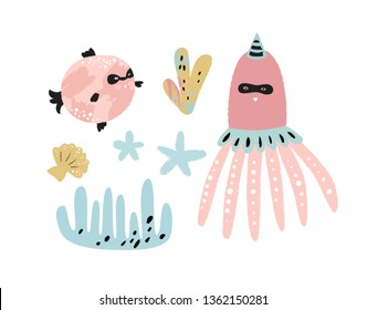 Set of sea fish, jellyfish, starfish, shell, sea elements in cartoon style. Collection of cute colored fish and shell.  Vector illustration for children, print, poster, card