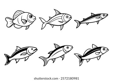 Set of Sea Fish Line Art Vector Illustration