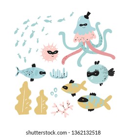 Set of sea fish, octopus, sea elements in cartoon style. Collection of cute colored fish and shell.  Vector illustration for children, print, poster, card