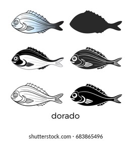 Set of sea fish on white background. Dorado. Vector shape. Seafood, sketch, silhouette. Illustration isolated and grouped for easy editing  eps.10