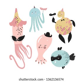 Set of sea fish, seahorse, turtle, jellyfish, squid in cartoon style. Collection of cute colored sea fish.  Vector illustration for children, print, poster