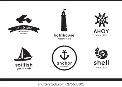 Set of sea, fish, shell, sailfish, anchor and lighthouse logo, labels and badges