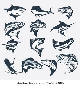 conjunto de silueta vectorial de peces marinos