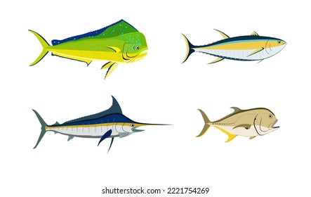 set of sea fishes isolated on white background