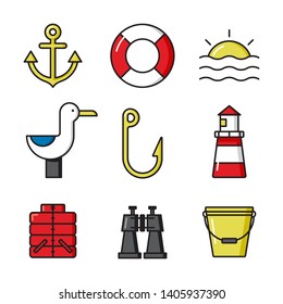 Set of sea and fishing flat icons
