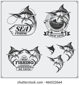 Set of sea fishing labels, badges and design elements. Marlin illustrations. Vintage style.