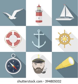 Set of sea flat icon objects with shadows. EPS8, modern design elements, summer rest, sailing on the seas. vector illustration 