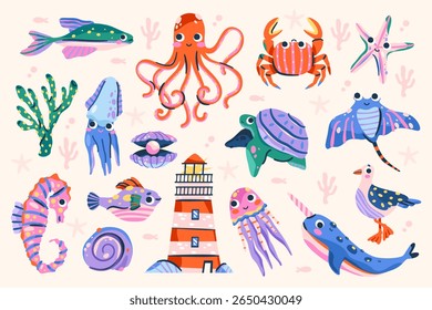 Set of sea flora or ocean fauna icon. Vector nautical and aquatic, underwater creature. Aquarium fish and octopus, lighthouse and squid, swordfish and stingray, starfish, seahorse, gull, crab. Zoology