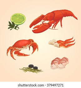 Set sea food crab and crawfish. Crabs food icons isolated.