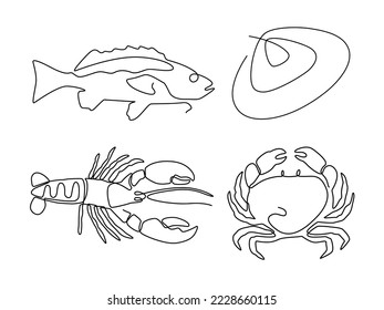 set of sea food and sea life line art , continuous line. for logo design. tuna, mussel, lobster, crab