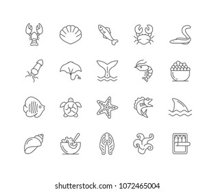 Set of Sea Food outline icons isolated on white background.