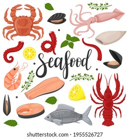 A set of sea food. Squid, octopus, red fish, fillet,mussels, crab, crayfish, lemon, green twigs. A collection in a flat cartoon style. Color vector illustration isolated on a white background.