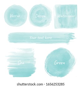 Set sea green of watercolor stain. Watercolor texture with brush strokes.