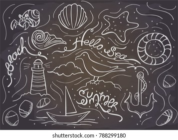 Set of sea. Hand drawn gull, starfish, shell, anchor, lifebuoy, crab, sailing ship, lighthouse on chalkboard. Vector illustration. Hello sea. Template for greeting card, postcard, print.