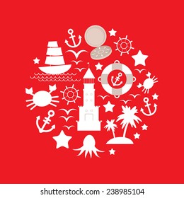 Set sea icon on red background. Vector
