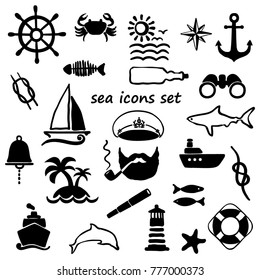 set of sea icons doodle, captain, ship, island, shark, dolphin, lighthouse, helm, anchor, vector illustration by hand