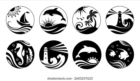 Set sea icons. Marine logos. Summer tropical labels and emblems with sailboat, palm trees, waves and lighthouse. Signs and symbols of travel and tourism. Isolated black silhouette