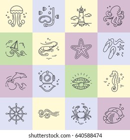 Set sea icons. Modern vector illustration of undersea life. Marine symbols. Nautical design elements isolated on background.