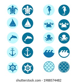 Set of sea icons on color background, vector illustration. Ocean animals, anchor and steering wheel in circle isolated on white background