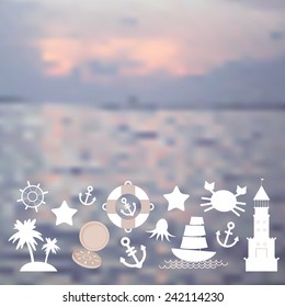 Set sea icons on seascape background. Vector illustration