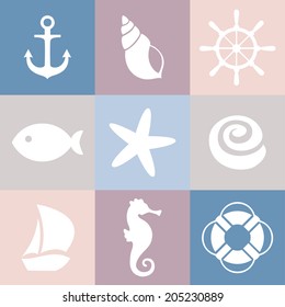 Set of sea icons. Shell, starfish, fish, anchor, steering wheel, life preserver, ship, sea horse.