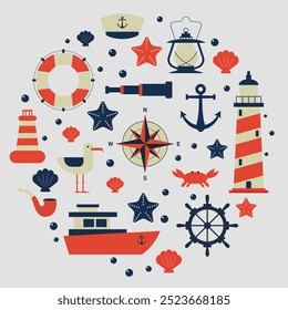 Set of sea icons and symbols. Collection of hand drawn vector nautical elements and animals in flat style. Red and blue sailing illistrations