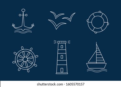 Set of sea icons vectors the contours of the white outline on dark blue background. Anchor Ship Wheel Seagull lighthouse and a lifeline.