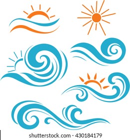 Set of sea icons. Waves and sun decorative symbols