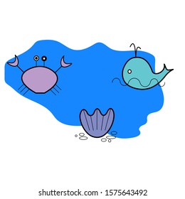 set of sea icons whale shell and crab on a blue wave