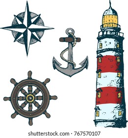Set sea illustrations. Anchor, wheel, sailing ship, compass rose, lighthouse . Sketch stile. Colored.