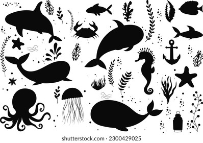 Reihe von Seebewohnern, Tiere Silhouettenwale, Fische einzeln Vektorgrafik