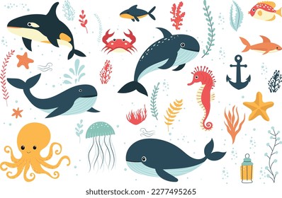 set of sea inhabitants collection in flat style vector