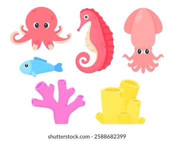 Set of sea inhabitants and corals in cartoon style on a white isolated background. Cute sea animals and plants. Octopus, fish, squid, seahorse and coral