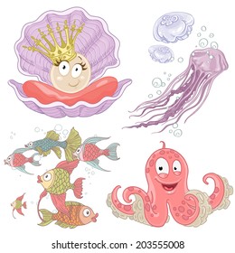 Set of sea inhabitants fish, pearl, octopus and jellyfish isolated on a white background