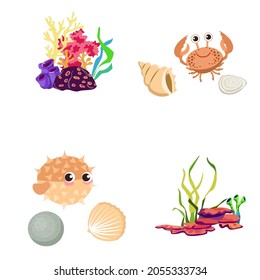 Set of sea inhabitants, fish, plants and animals, corals isolated on a white background, vector